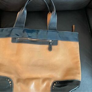 Longchamp Tan and Blue Leather Tote with Top Handles